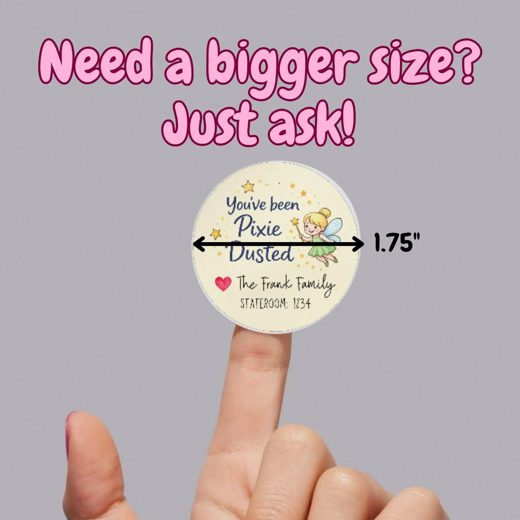 close up of custom pixie dust cruise stickers with family name and cabin number