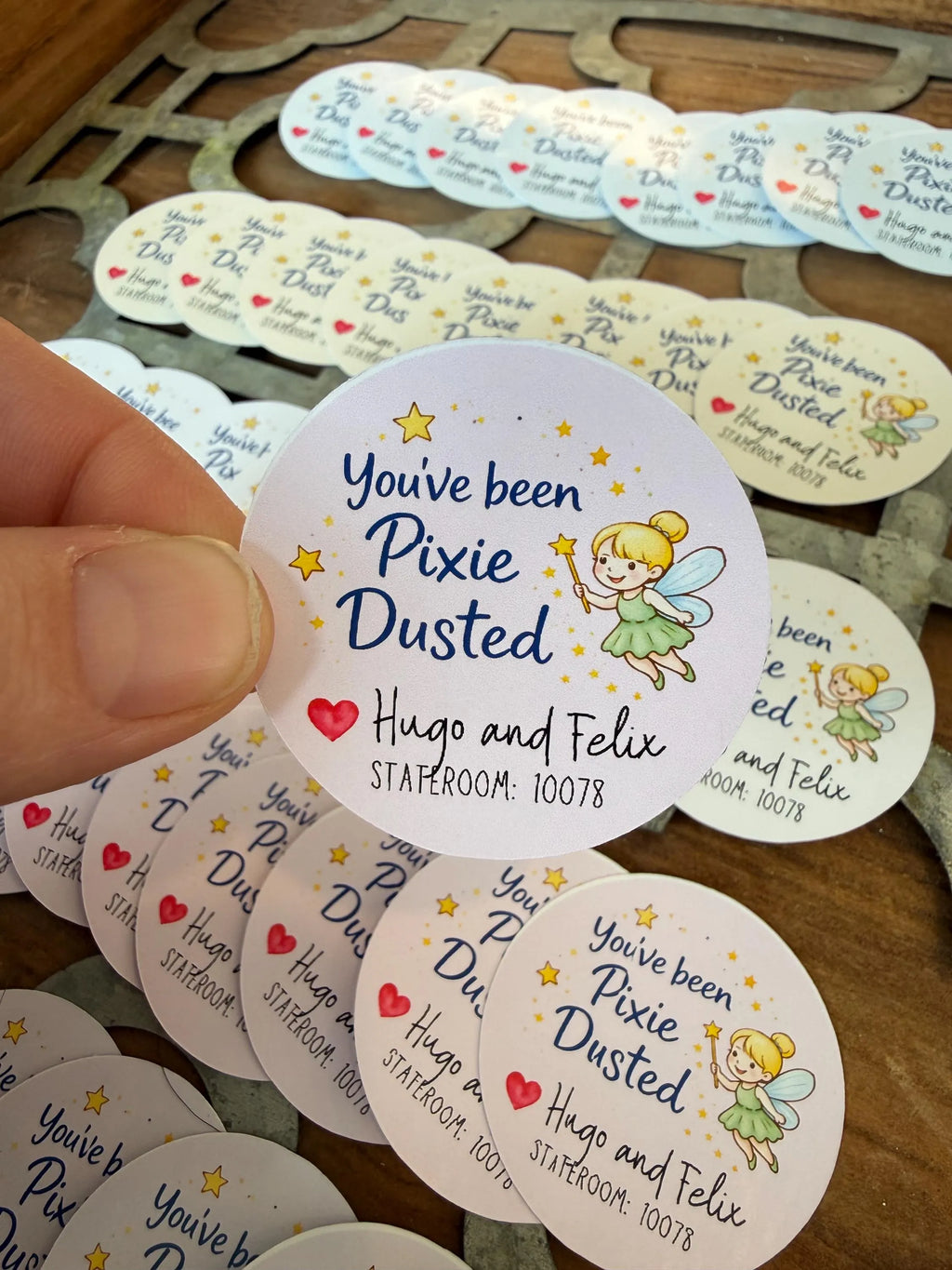 Personalized pixie dust cruise stickers for cabin door surprise and fish extender gifts