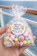 Personalized pixie dust cruise sticker on clear gift bag with pastel candy for cabin door surprise and cruise fish extender gift