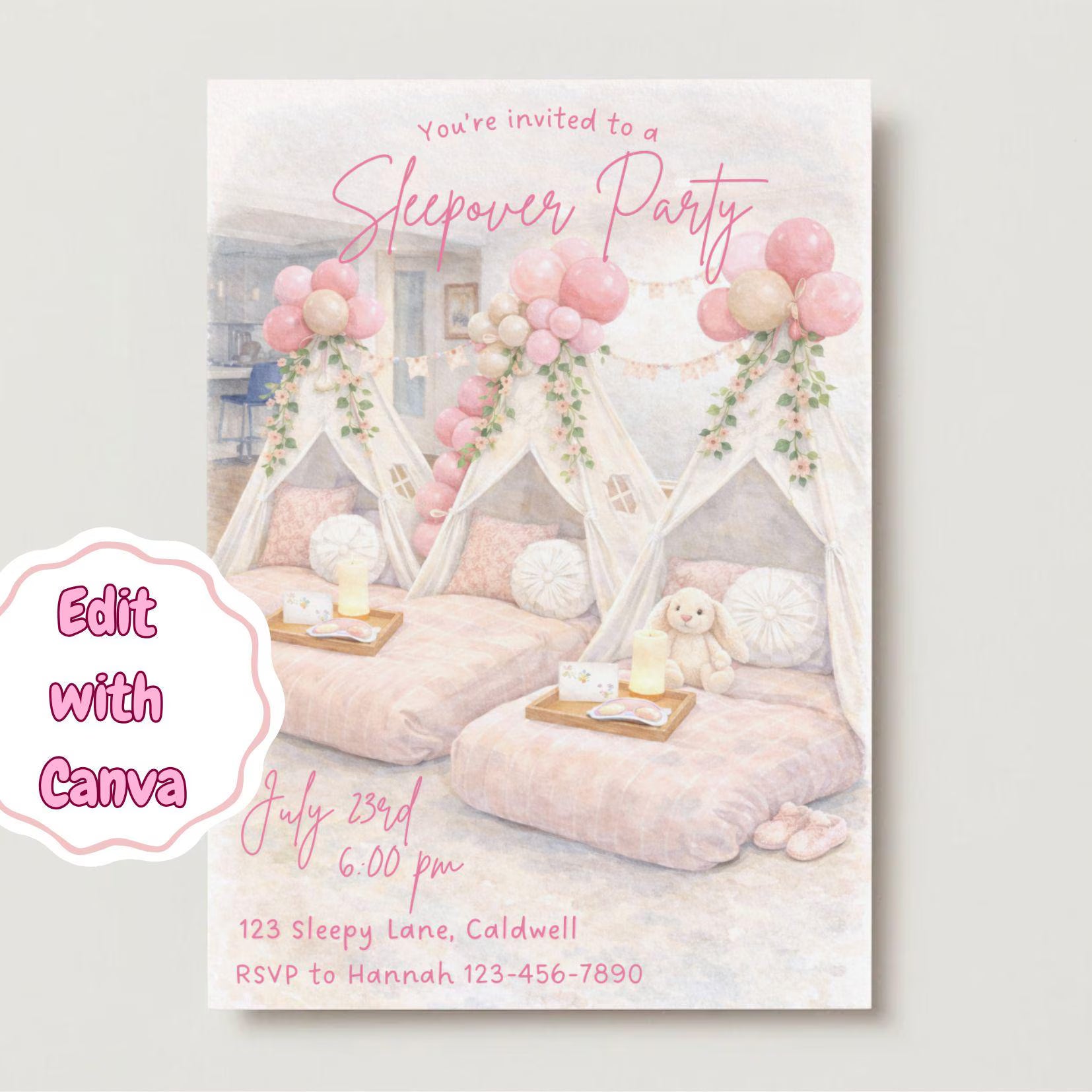 Sleepover Birthday Invitation Template | Editable Canva Teepee Slumber Party Invite | Girls Pajama Party Printable Invite